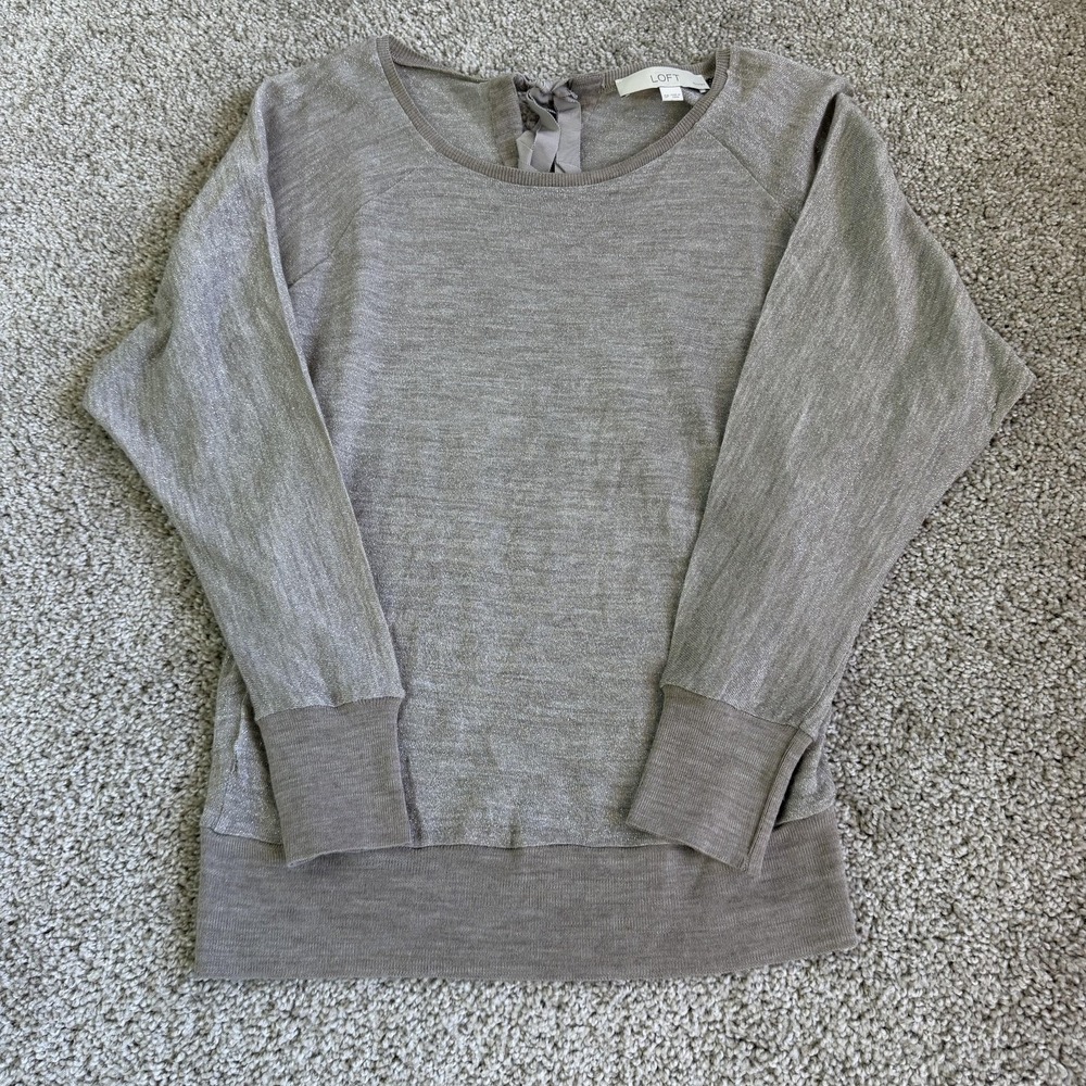 LOFT Sweater Womens SP Petites Gray Crew Neck Tight-Knit Bow Back Pullover